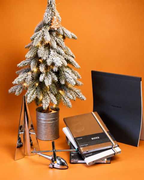 Setul cadou Executive Class cu brad decorativ de 60 cm, organizatorul de birou Ready 4 Take Off, rigla Airplane Ruler și o agendă Hugo Boss
