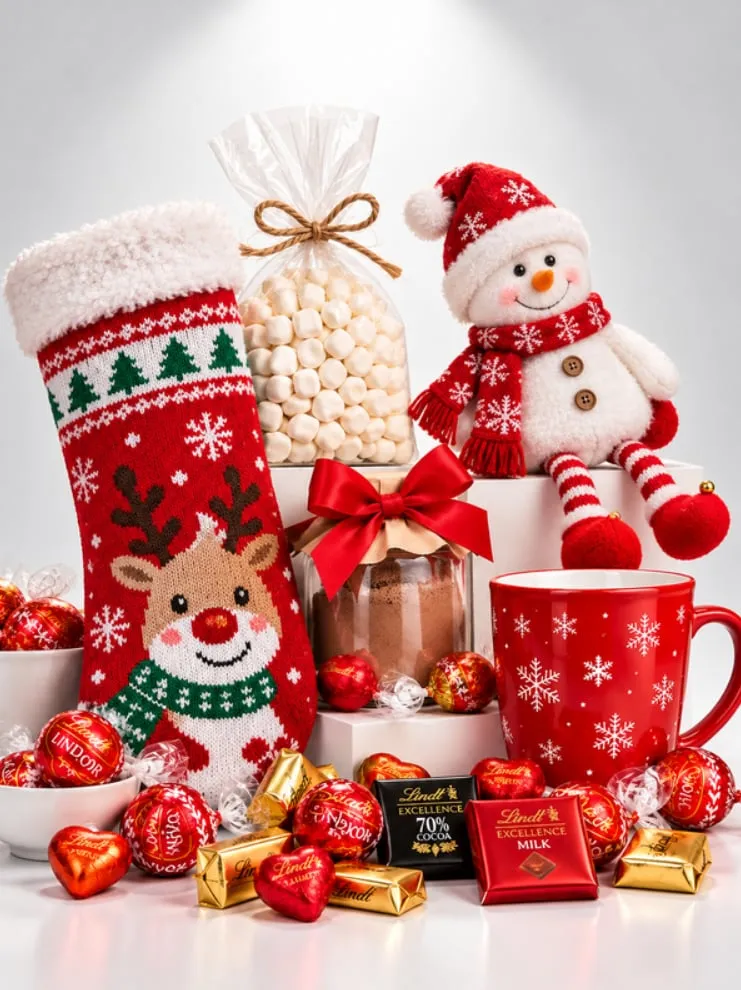 Cadoul pentru copii Jolly Sock cu șosetă decorativă de Crăciun, cană din ceramică, cacao, marshmallow și dulciuri (fotografia 3 din 3)