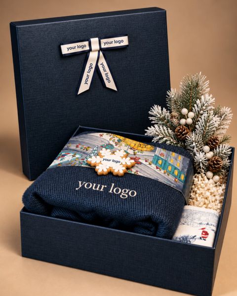 Setul cadou Warm Wishes cu pled, ceai cu infuzor și turtă dulce cu ghimbir, într-o cutie cadou bleumarin